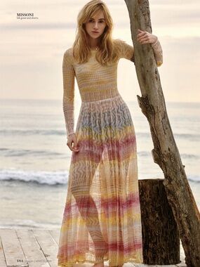 Missoni Orange Label Striped Long-Sleeve Maxi Dress in Peach, Pink and Yellow